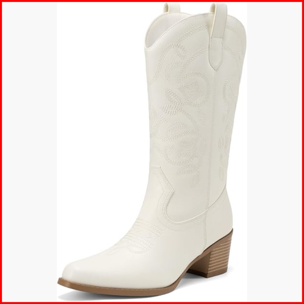 Women's Western Cowboy Boots Mid Calf Chunky Heel Embroidery Stitched